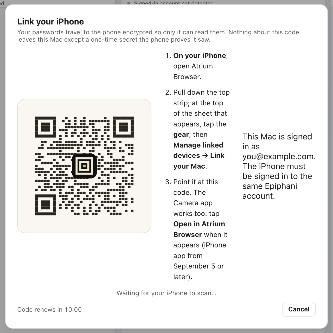The Mac's Link your iPhone window with the code and the three steps