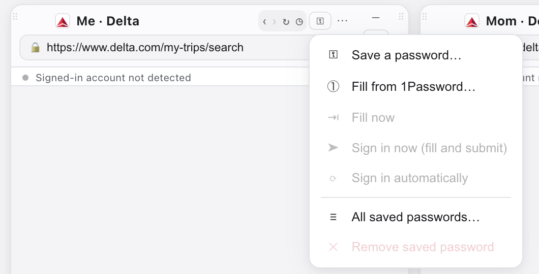 A tile's key menu with Fill from 1Password