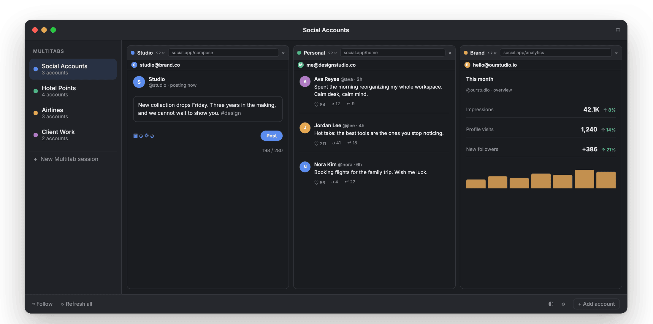 Three accounts open side by side in Account Gallery, dark mode.