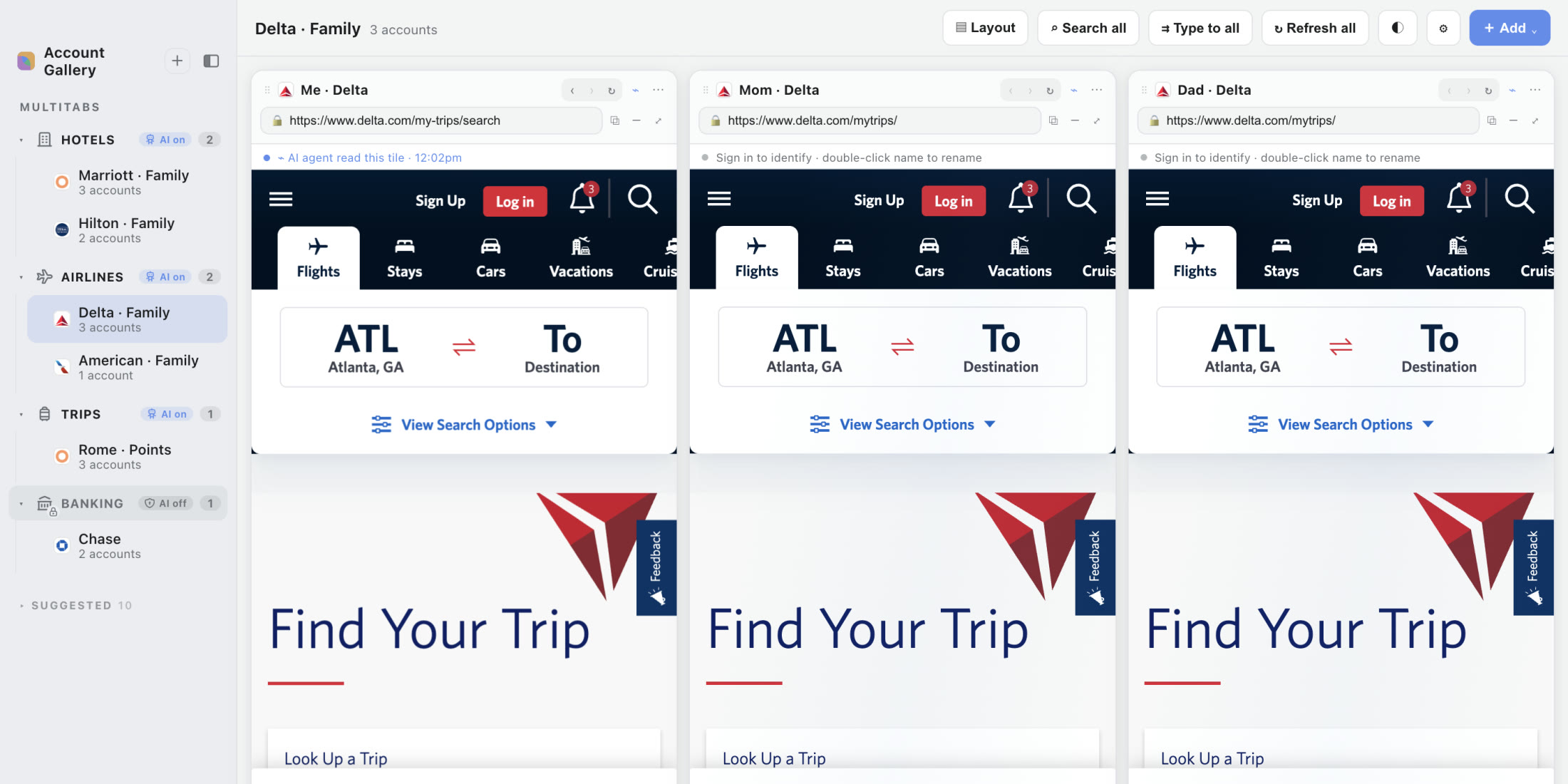 A real Account Gallery capture: three Delta accounts open side by side on Delta.com.