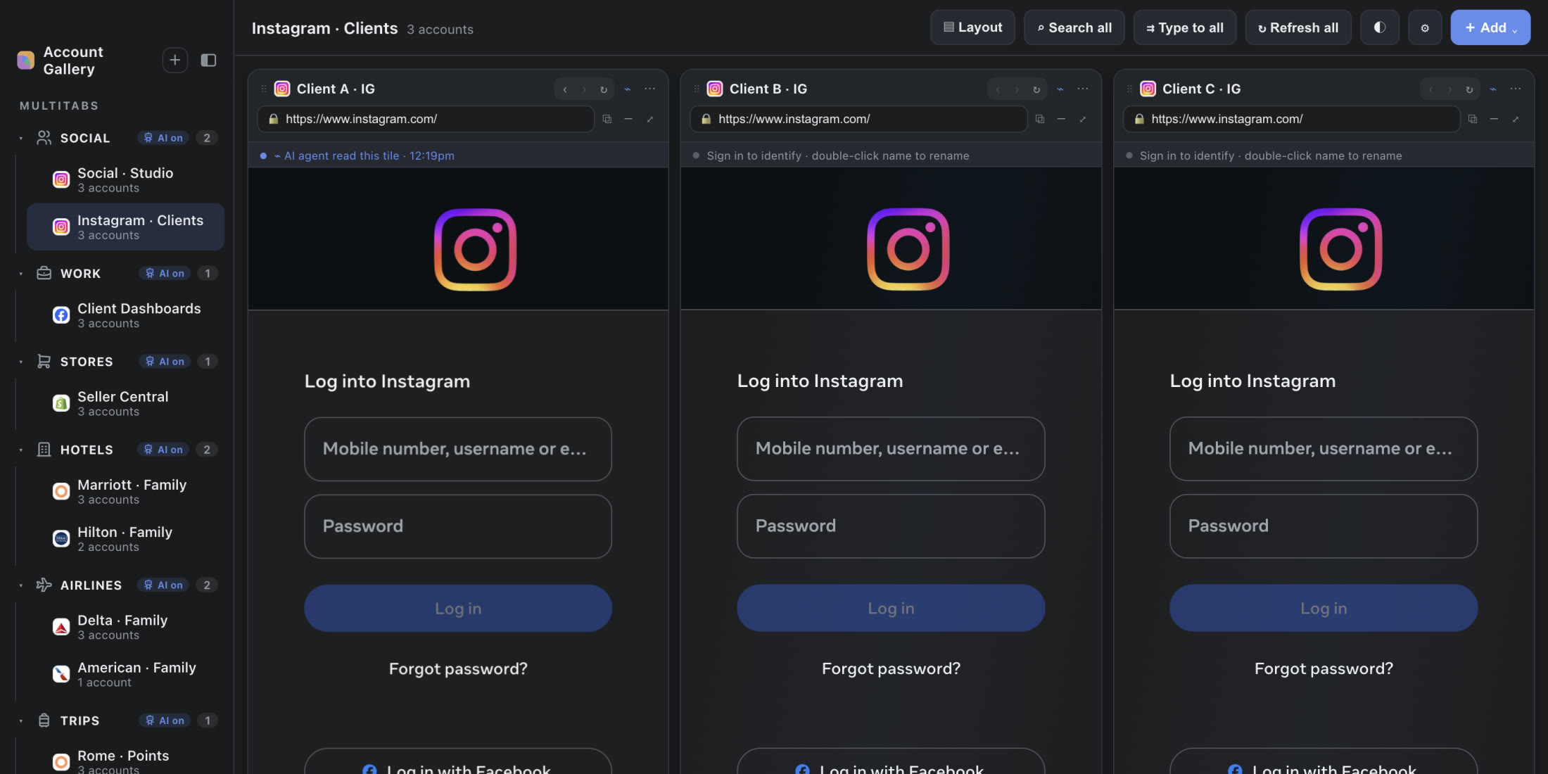 A real Account Gallery capture, dark mode: three client Instagram accounts open side by side.
