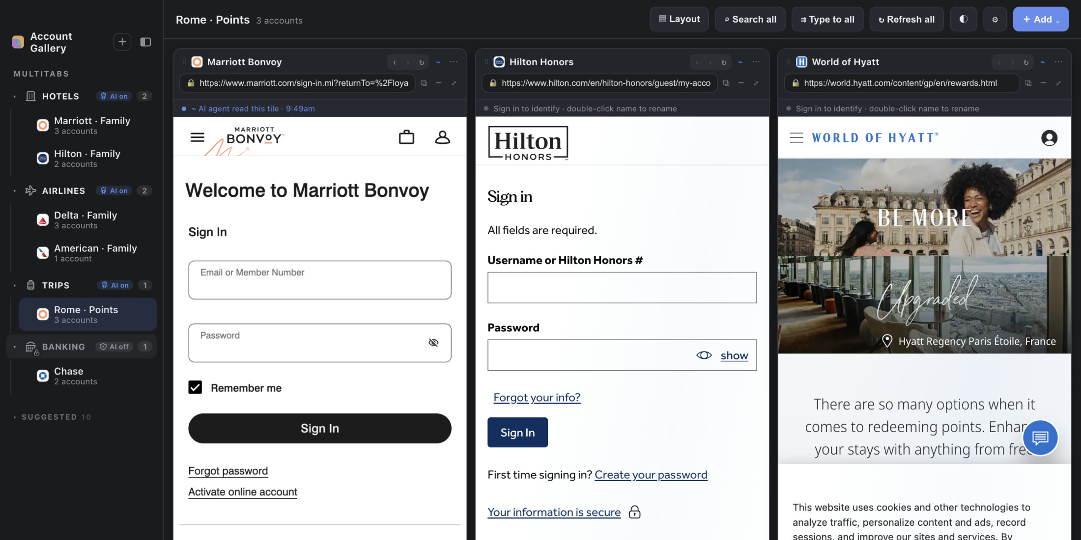 A real Account Gallery capture, dark mode: Marriott, Hilton, and Hyatt open side by side.