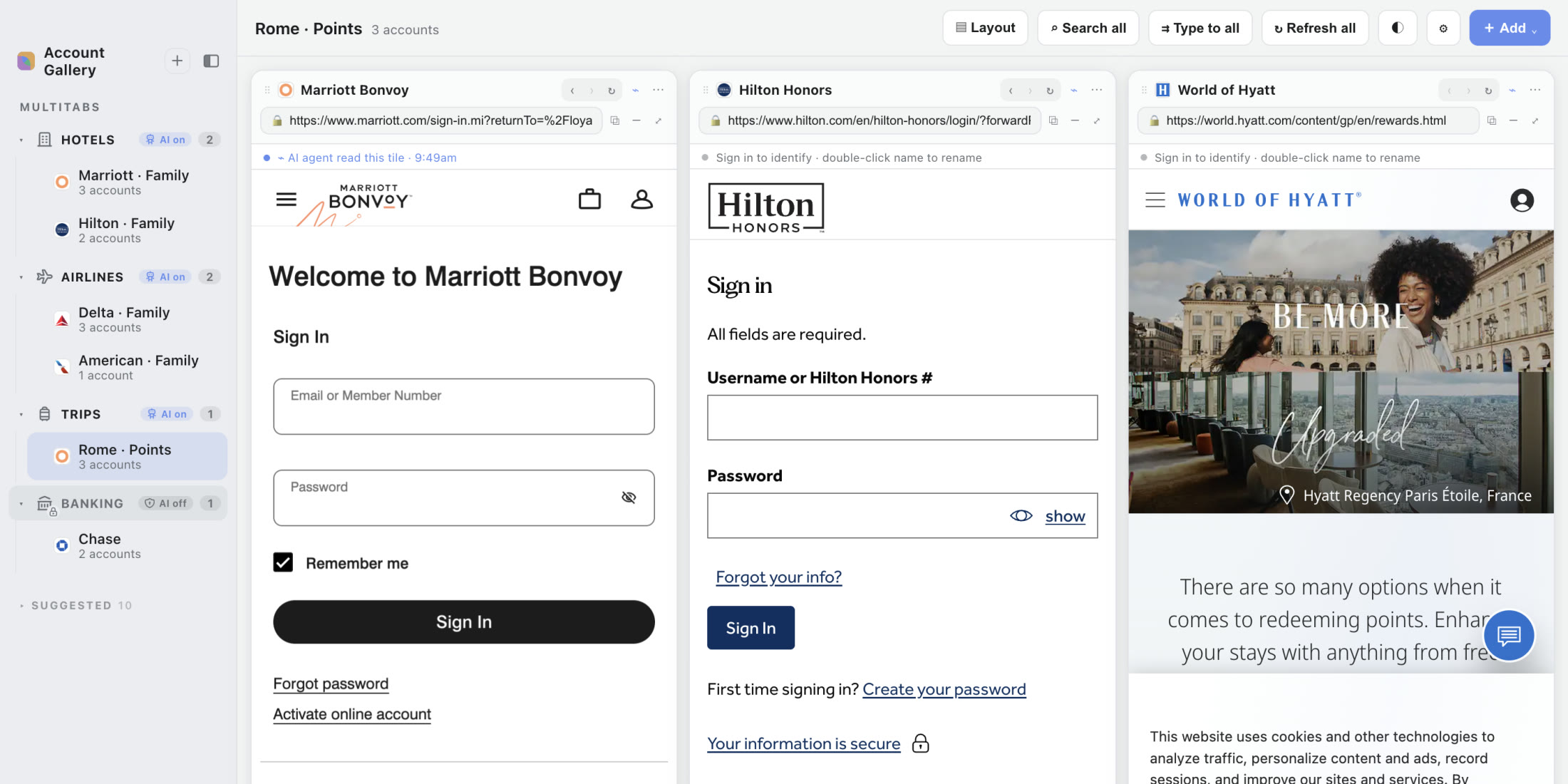 A real Account Gallery capture: Marriott Bonvoy, Hilton Honors, and World of Hyatt open side by side.