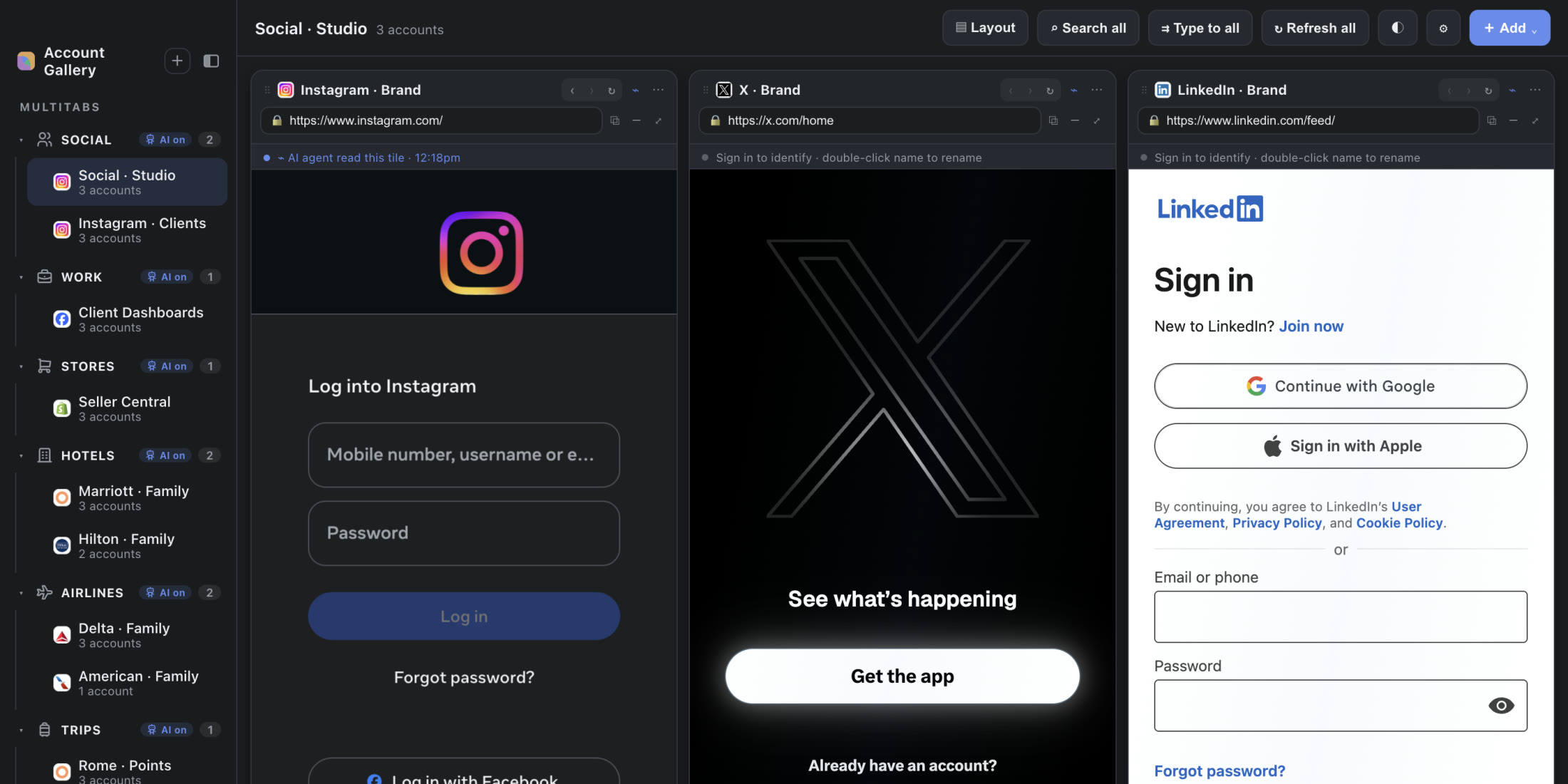 A real Account Gallery capture, dark mode: Instagram, X, and LinkedIn open side by side.