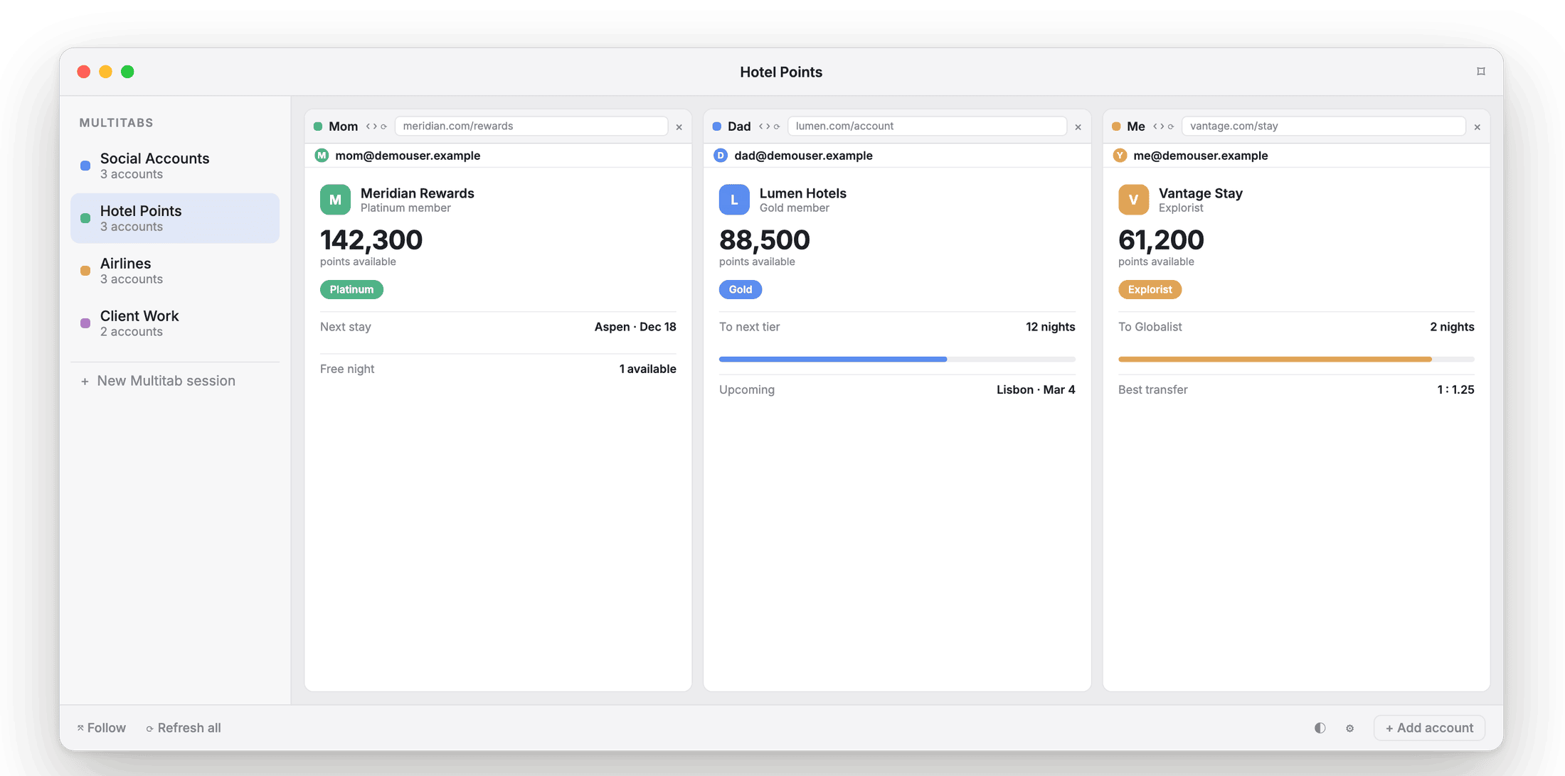 Three family hotel-loyalty accounts open side by side in Account Gallery.