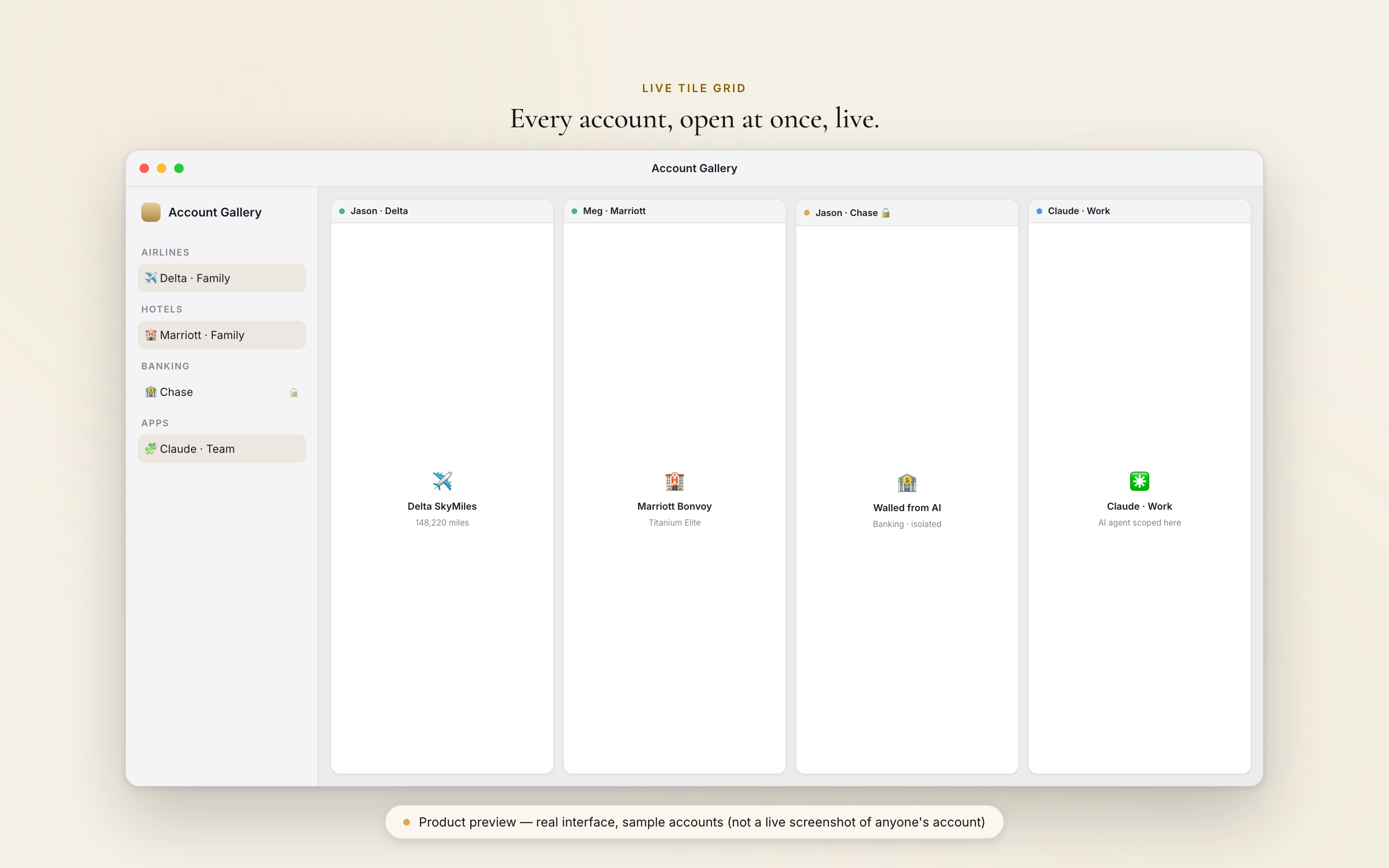 Account Gallery product preview: four sample tiles in one live grid, including a walled Chase banking tile and a Claude · Work tile marked scoped to the AI agent.