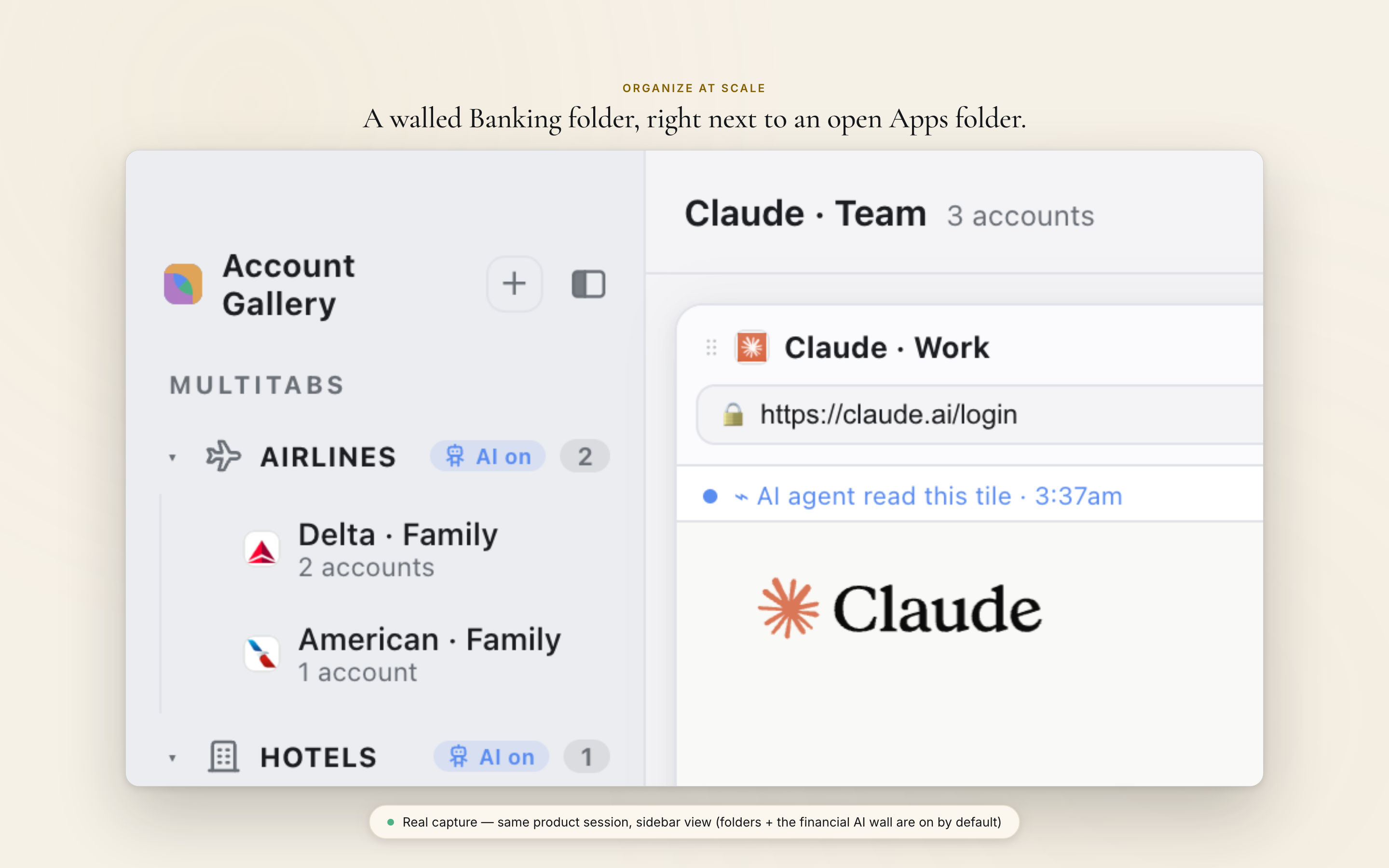 Real capture of the folder sidebar: a walled Banking folder next to open Airlines, Hotels, and Apps folders, with AI turned off for Banking.