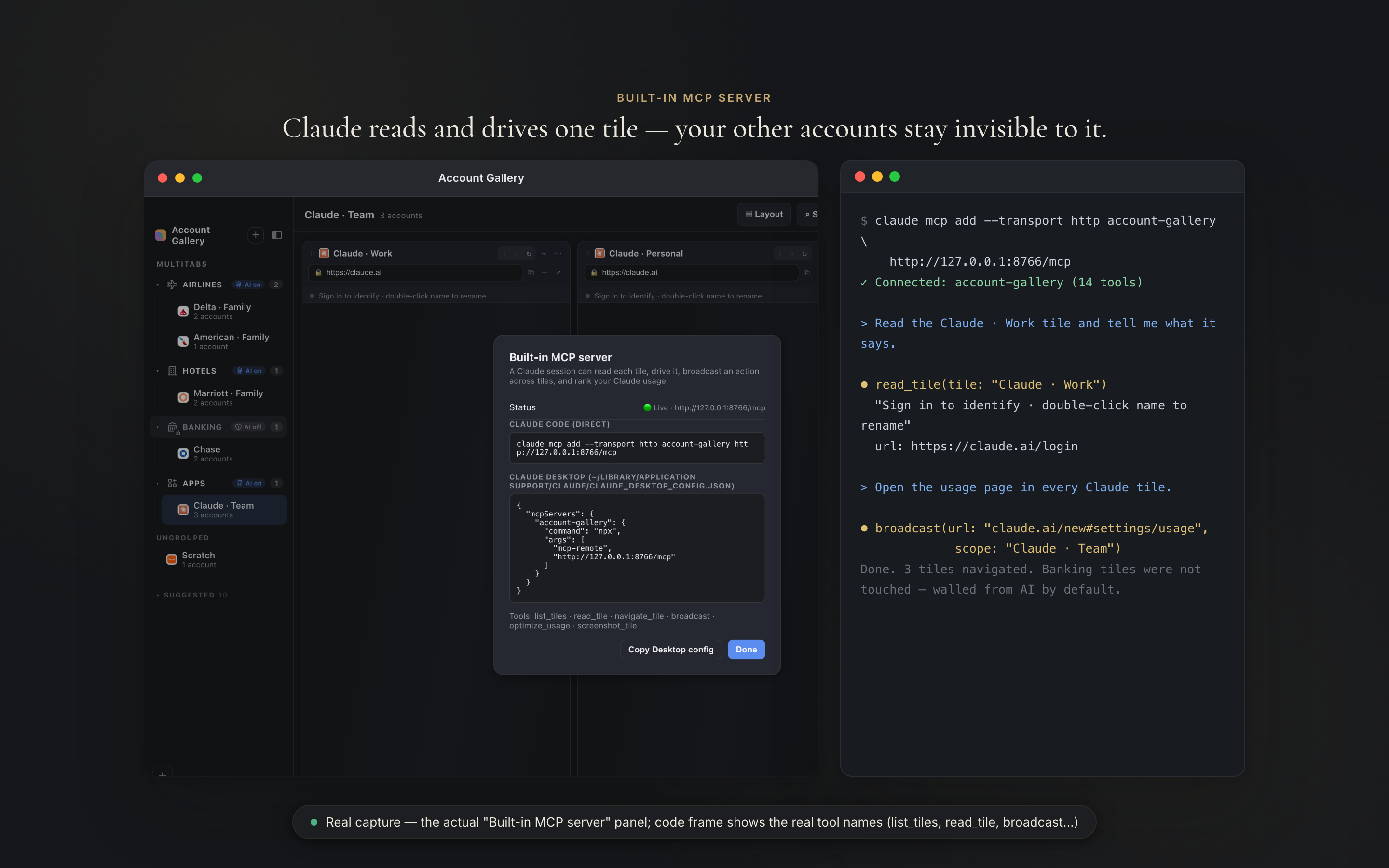 Real capture of the built-in MCP server panel, dark mode, next to a terminal session calling read_tile and broadcast by their real tool names.