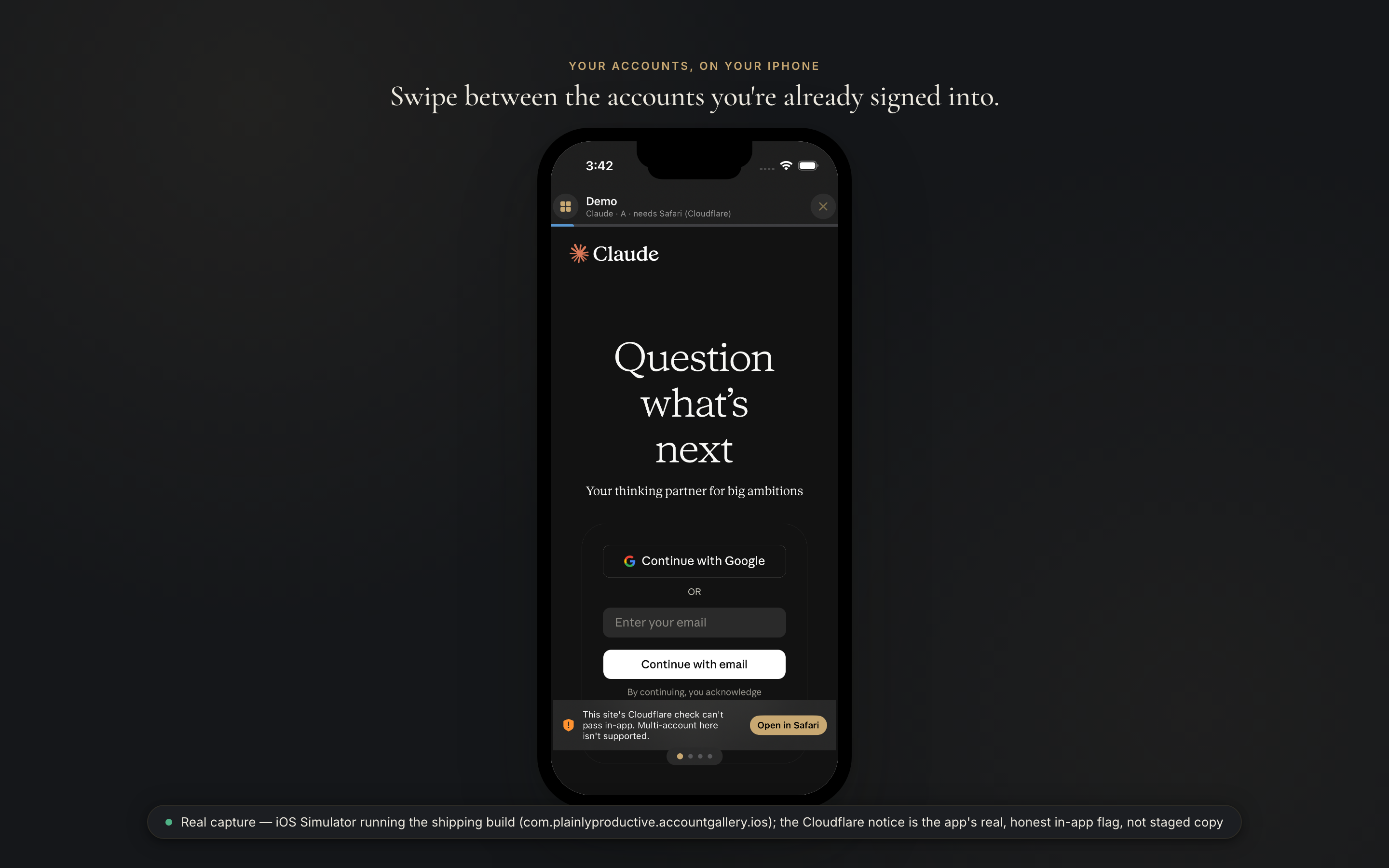 Real capture from the iOS Simulator running the shipping TestFlight build, dark mode, mid-swipe to a Claude account, showing the app's own honest Cloudflare-in-app notice.