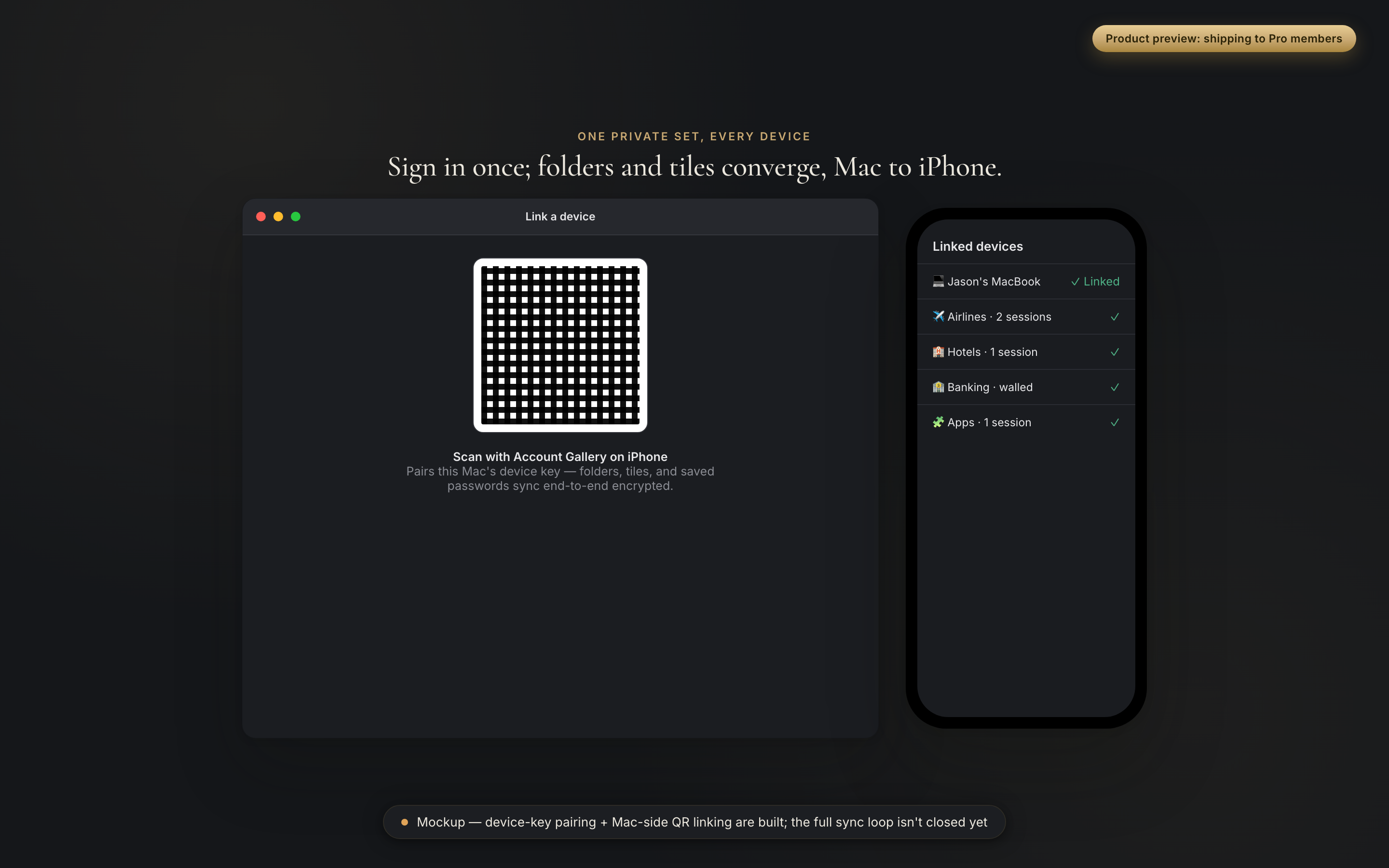 Product preview of cross-device sync, dark mode: a Mac QR-pairing screen next to an iPhone showing linked devices and session counts.