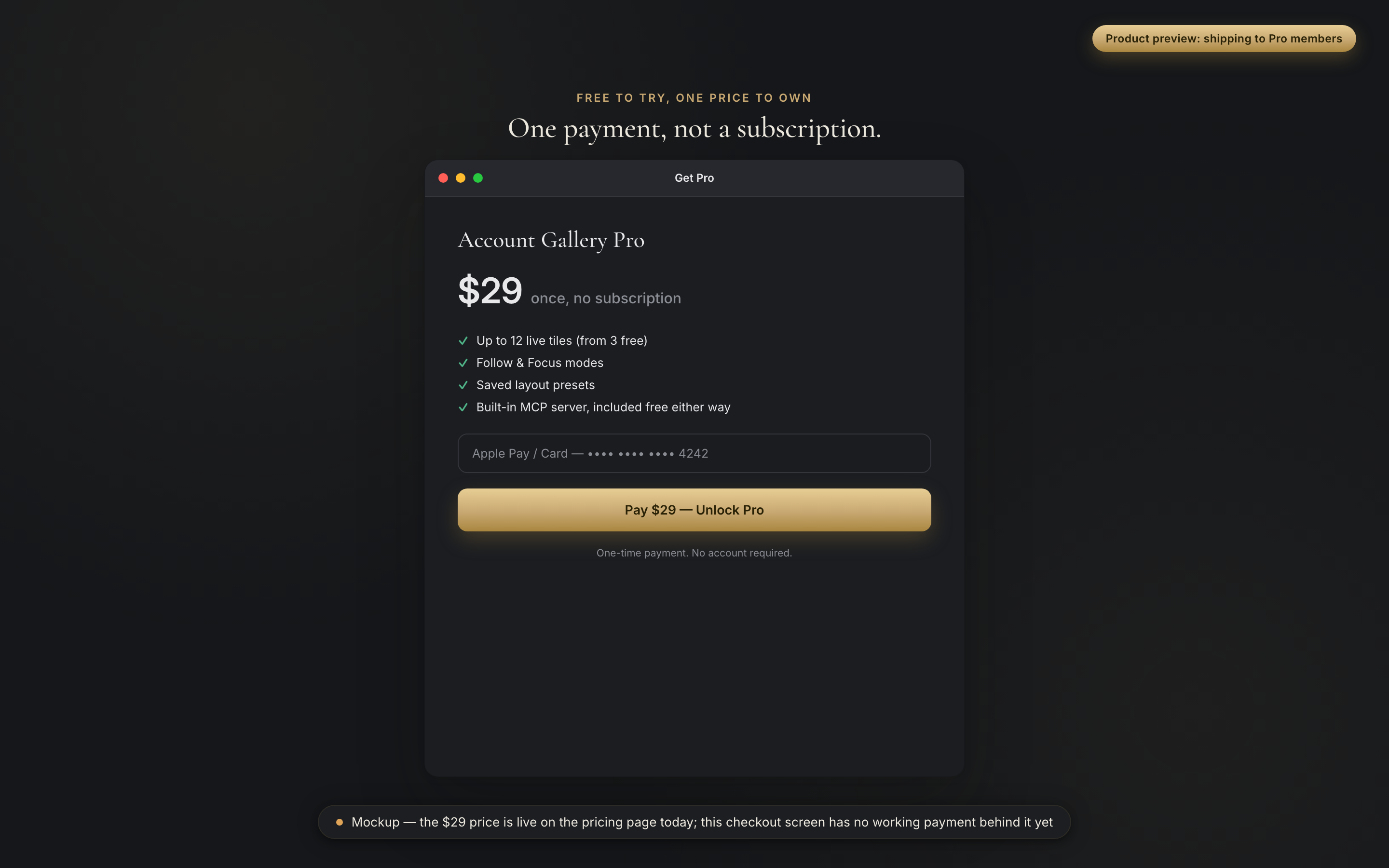 Product preview of the Get Pro checkout screen, dark mode: Account Gallery Pro at $29 once, with a Pay button that has no working payment behind it yet.