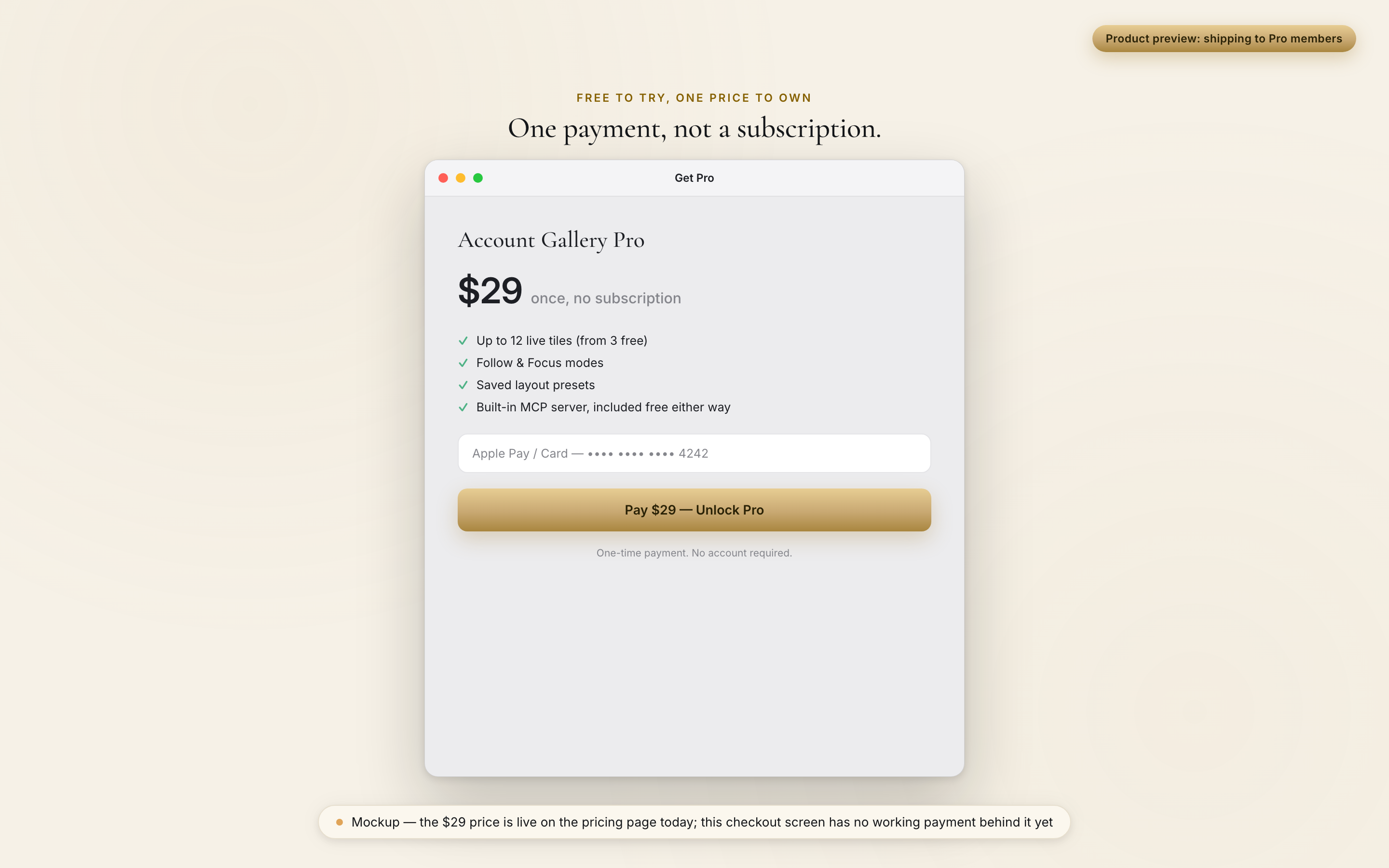 Product preview of the Get Pro checkout screen: Account Gallery Pro at $29 once, with a Pay button that has no working payment behind it yet.